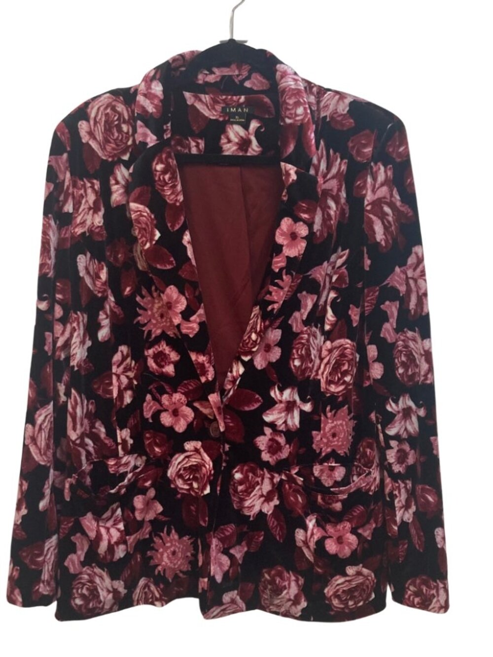 Iman Deep Pink and Black Flowered Plush Suit Coat with Front Pockets Size XL